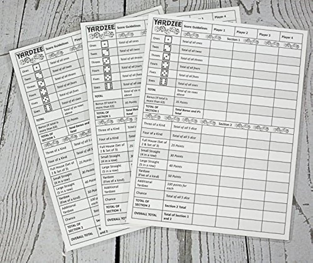 Amazon Yardzee Score Cards With Rules On The Back Laminated 