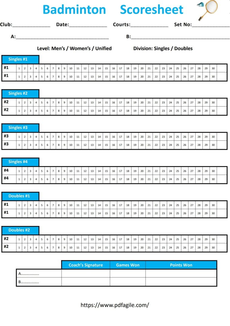 Badminton Scoresheet Template PDF Agile