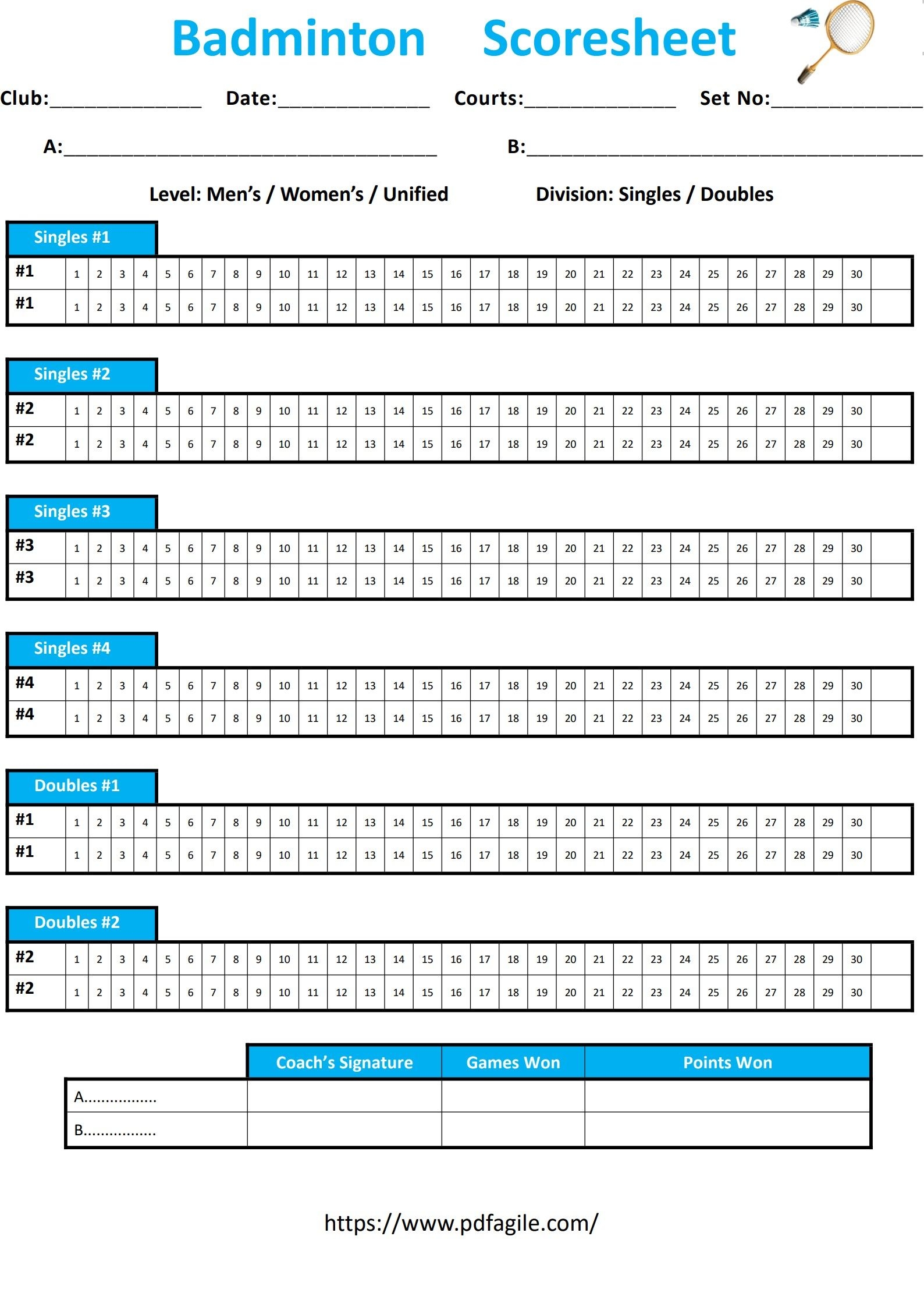 Badminton Scoresheet Template PDF Agile