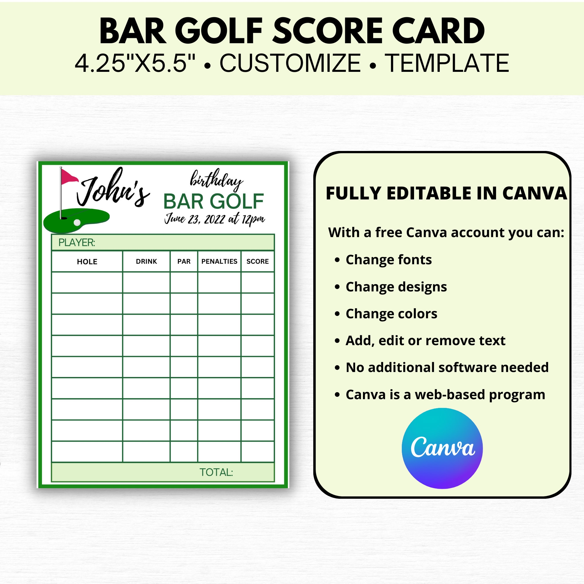 Bar Golf Scorecard Template Editable In Canva Golf Themed Pub 