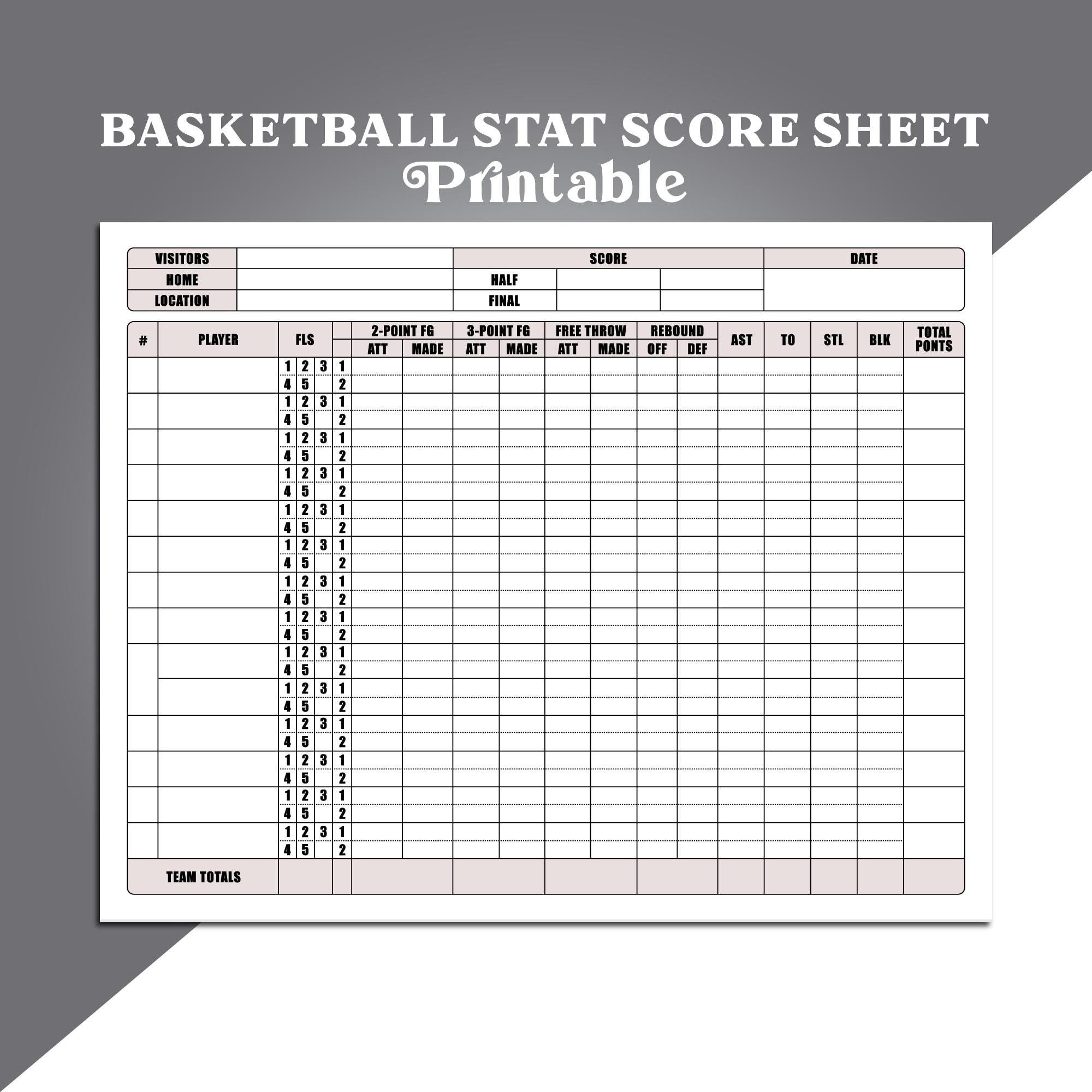 Basketball Statistic Score Sheet Basketball Stat Tracker Player 