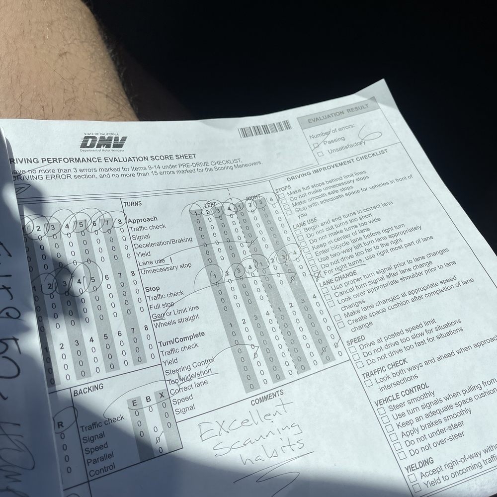 California Drive Test Score Sheet