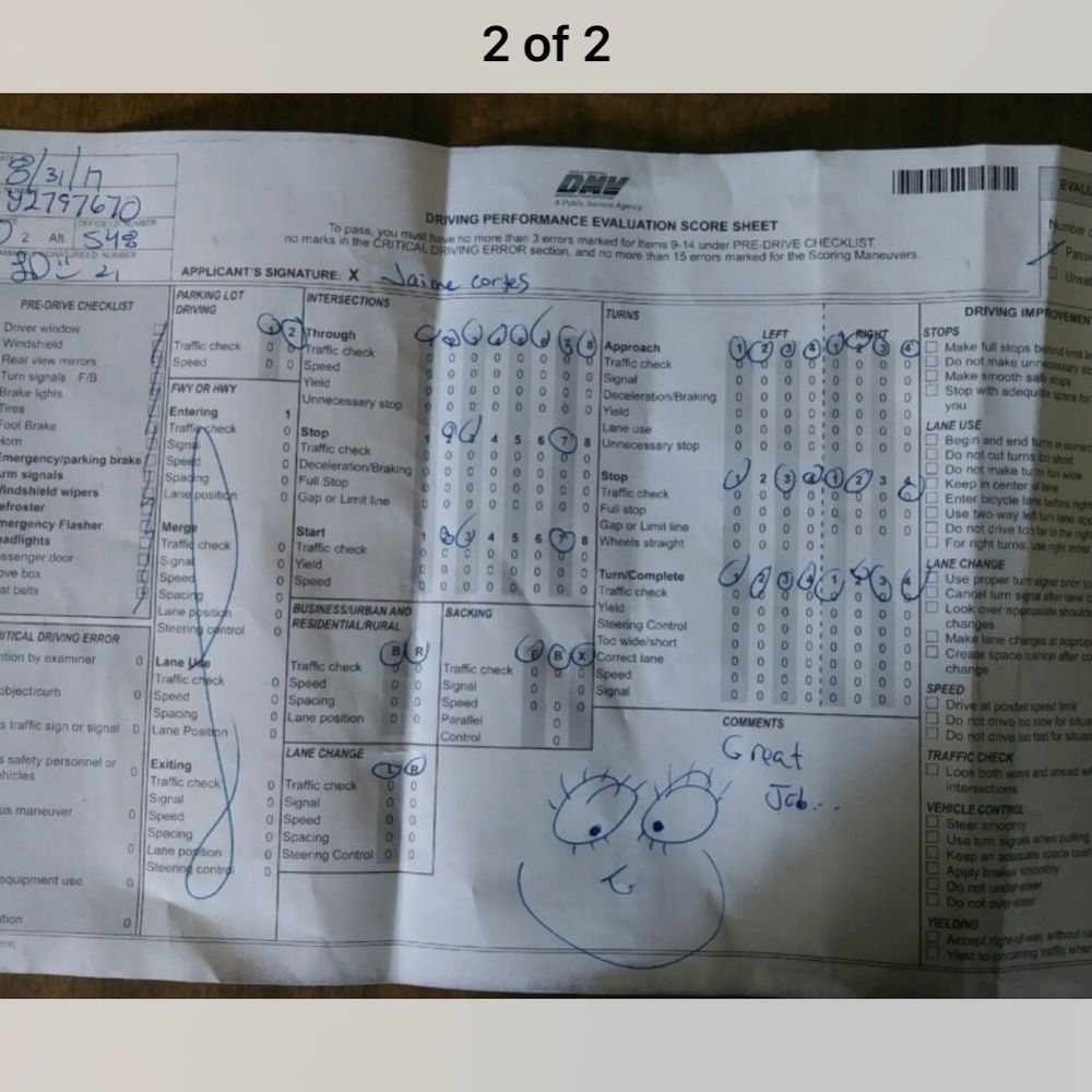 Driving Test Score Sheet California