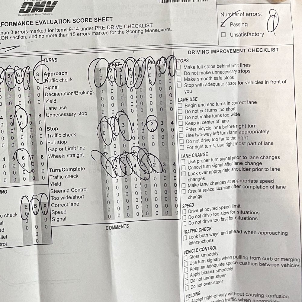 Driving Test California Score Sheet