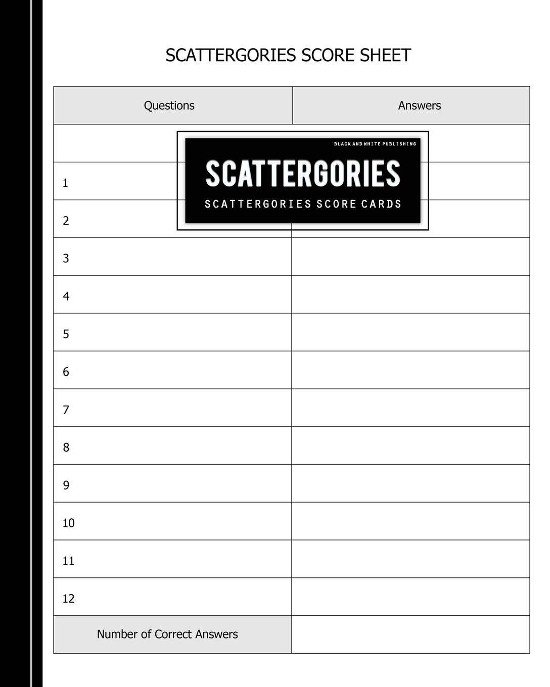 Black And White Publishing Scattergories Score Card Scattergories Record Sheet Keeper For Keep Track Of Who s Ahead In Your Favorite Creative Thinking Category Based Game Vertical Publishing Black And White Amazon au Books