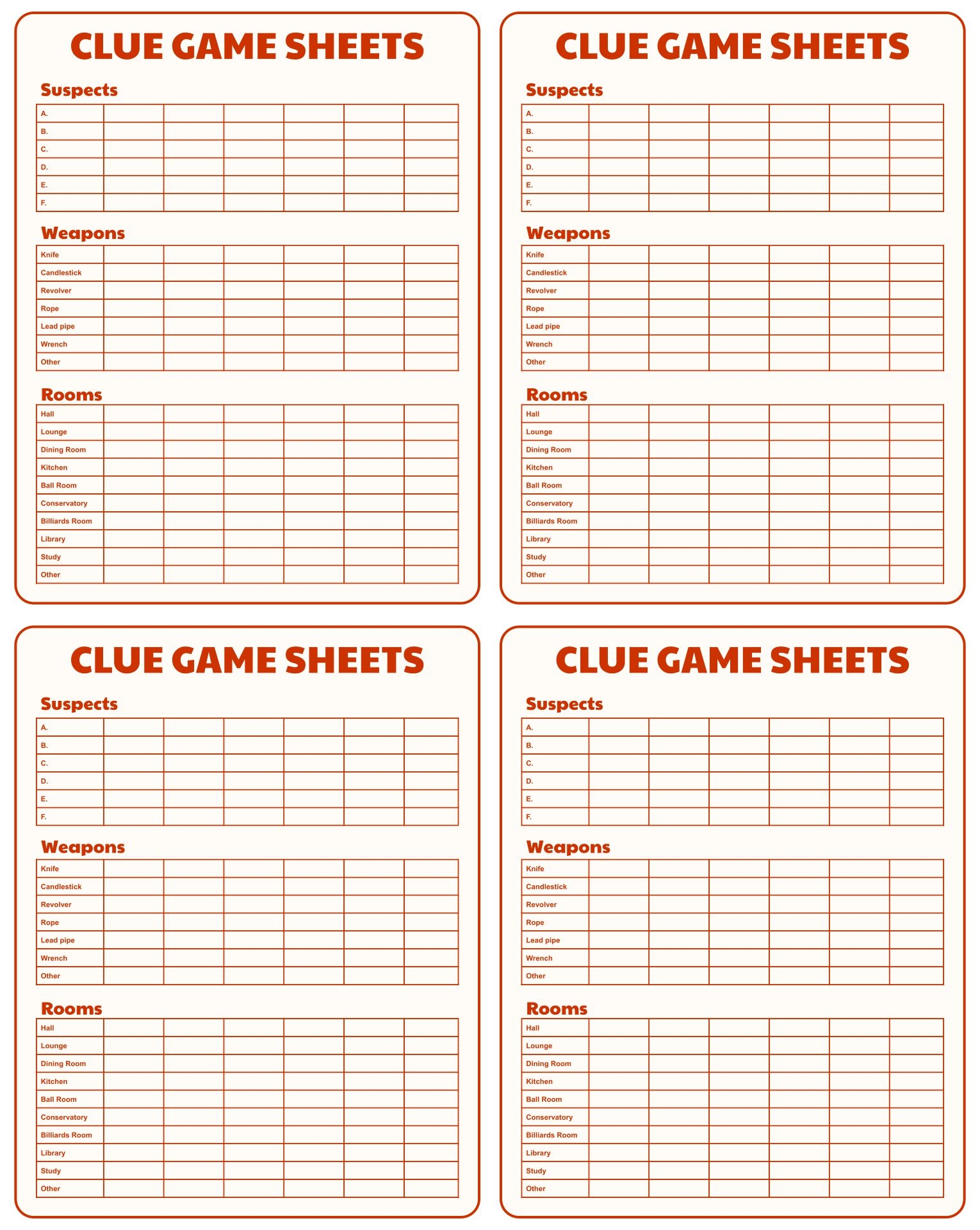 Clue Game Score Sheets Printable