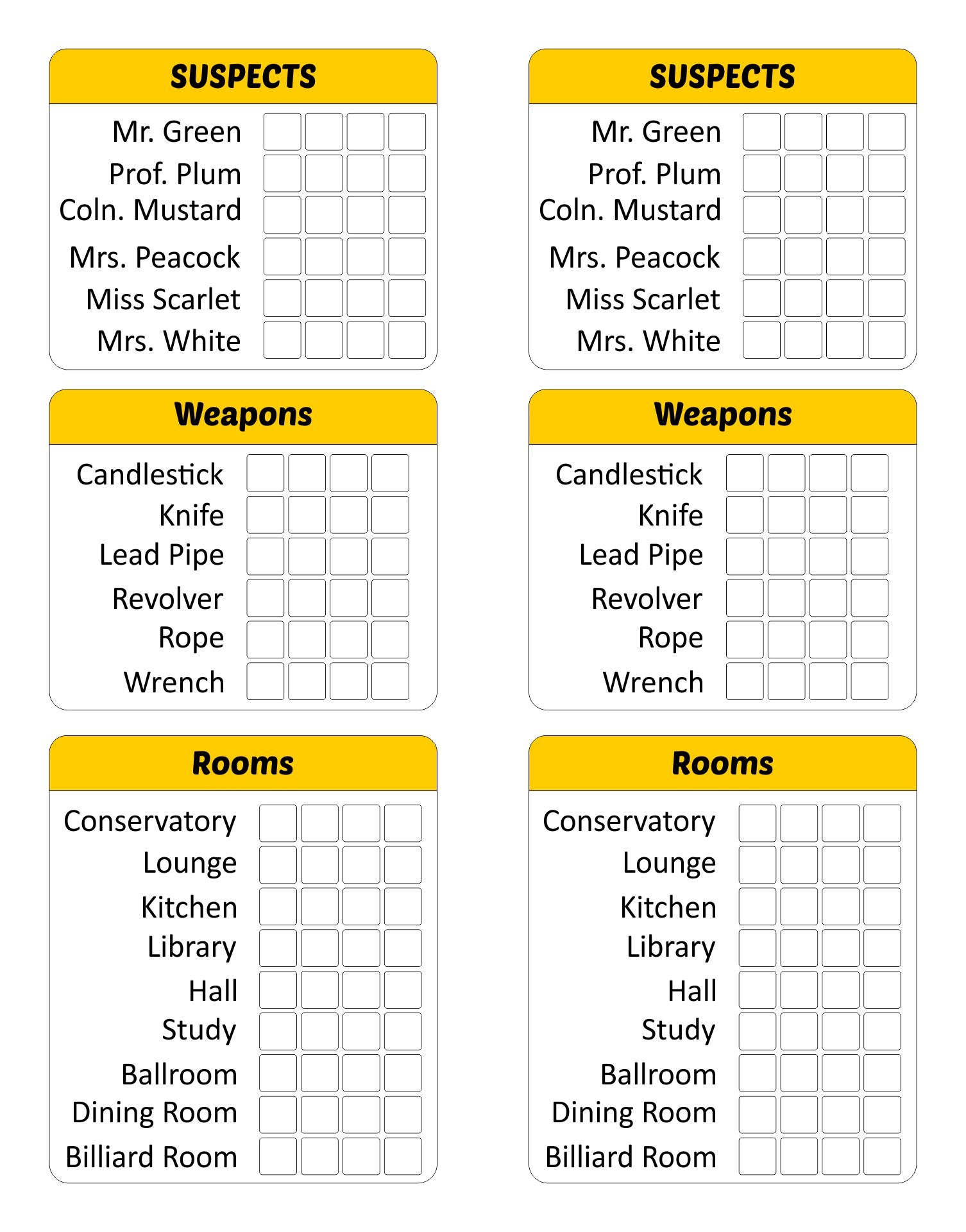 Board Game Clue Sheets 10 Free PDF Printables Printablee