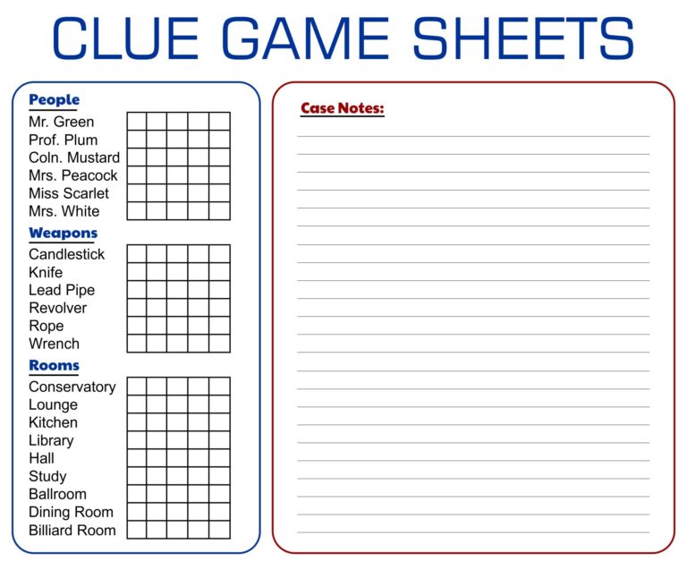 Board Game Clue Sheets 10 Free PDF Printables Printablee
