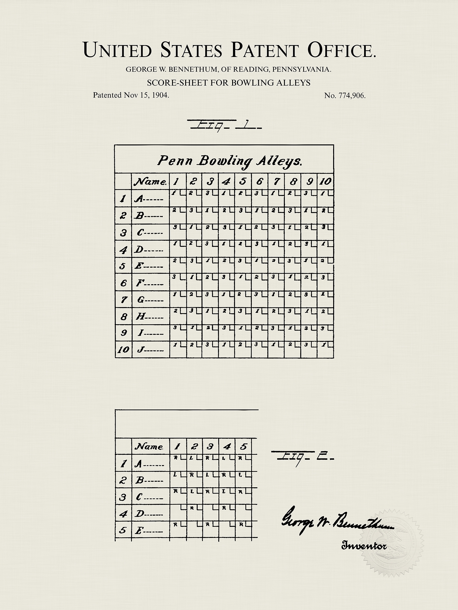 Bowling Score Sheet 1904 Sports Patent
