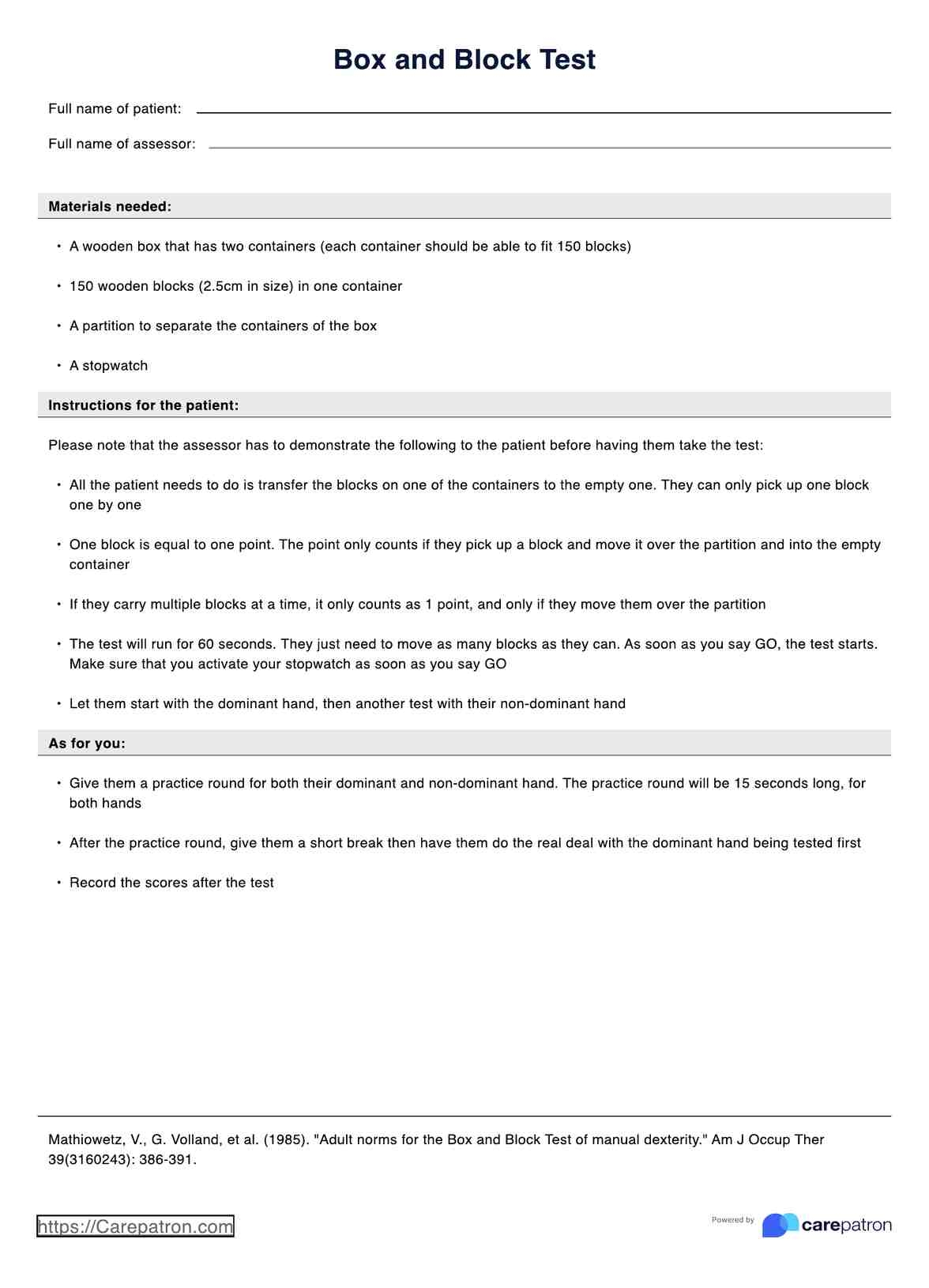 Box And Block Test U0026 Example Free PDF Download