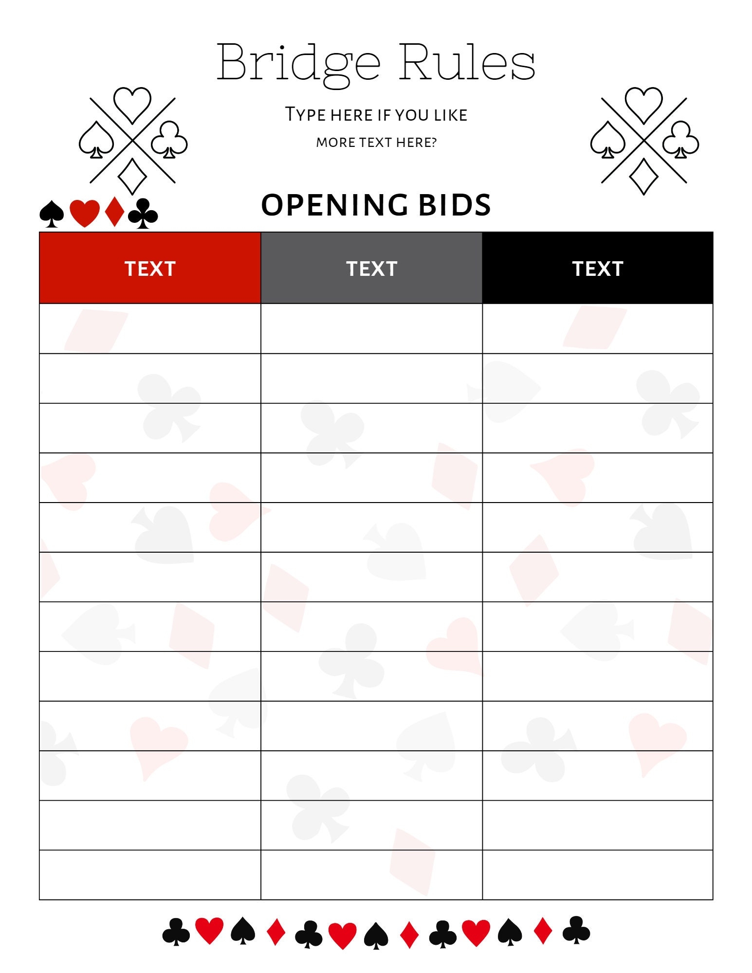 Bridge Rules Template Bridge Scorecard Template Board Game Rules 