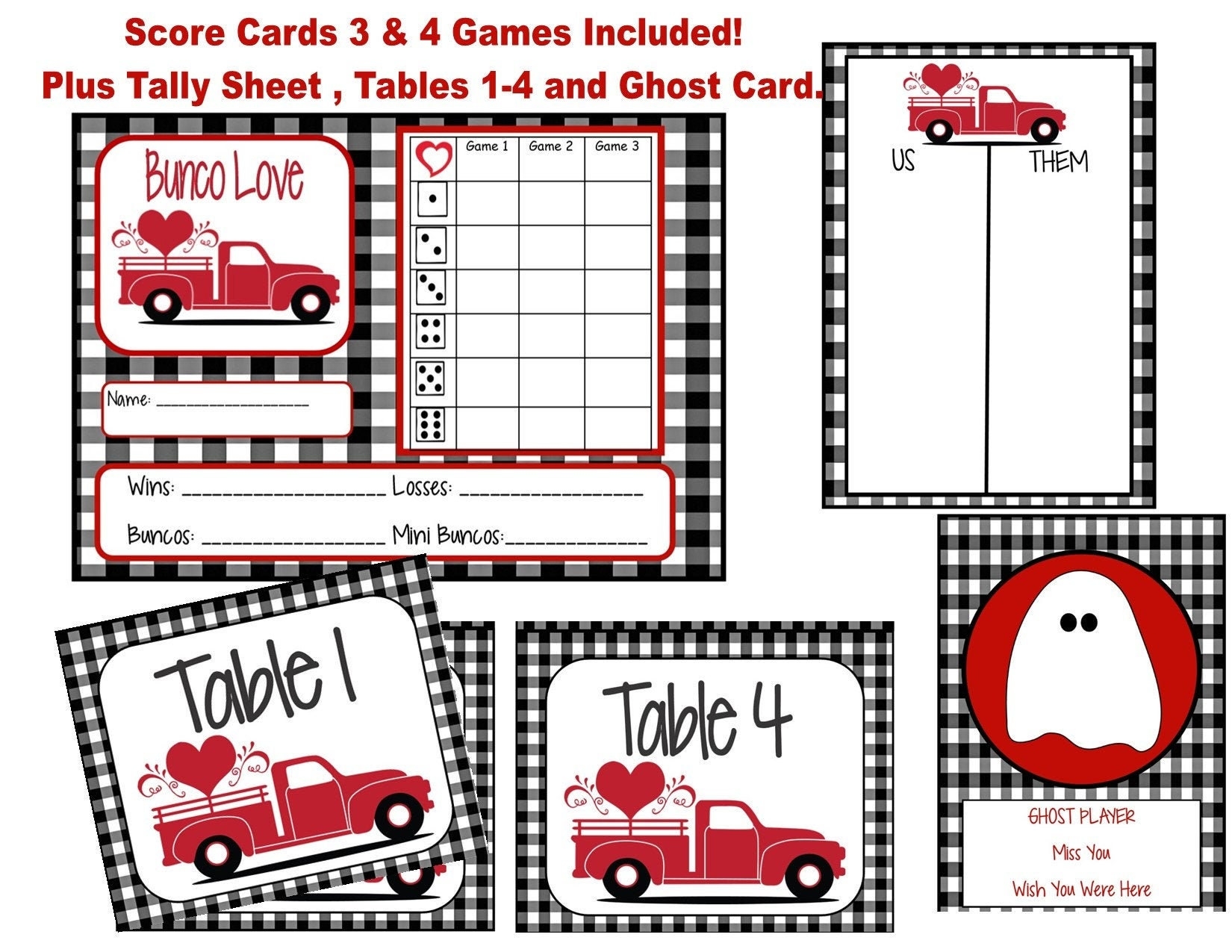 BUFFALO CHECK VALENTINE Red Truck Bunco Score Card Sheet Table Numbers Tally Ghost Printable Digital File Instant Download Etsy