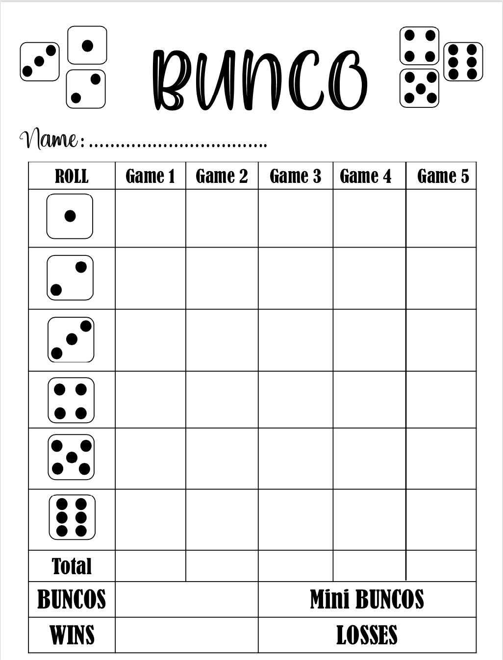 Bunco Score Card Bunco Scoresheet Bunco Score Pads Printable File PDF Download 8 5x11