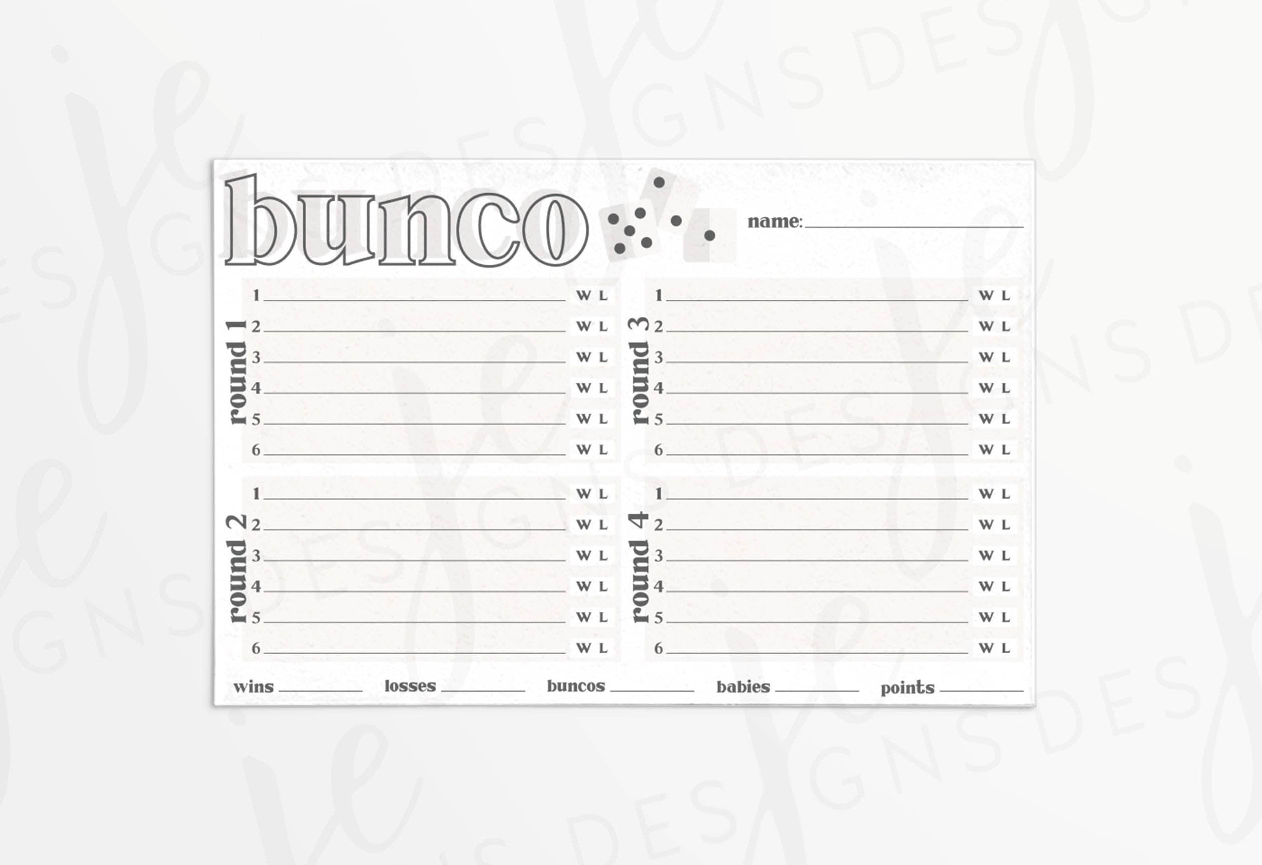 Bunco Score Card Printable Basic Score Sheet Instant Download