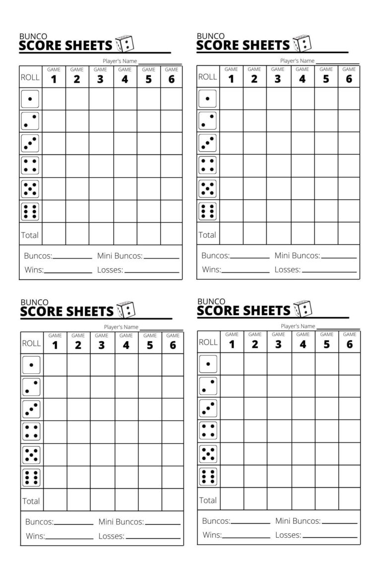 Bunco Score Sheets X4 Bunco Score Sheets Printable PDF
