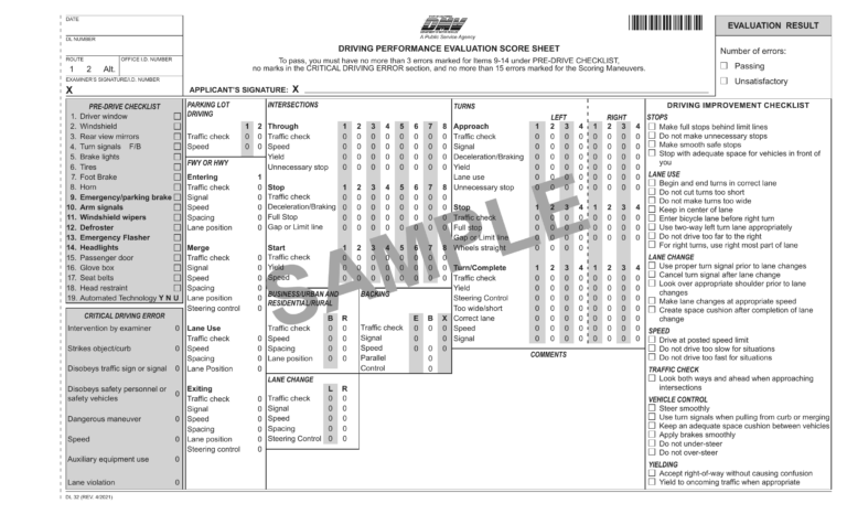 CA DMV Form DL 32 Driving Performance Evaluation Score Sheet 