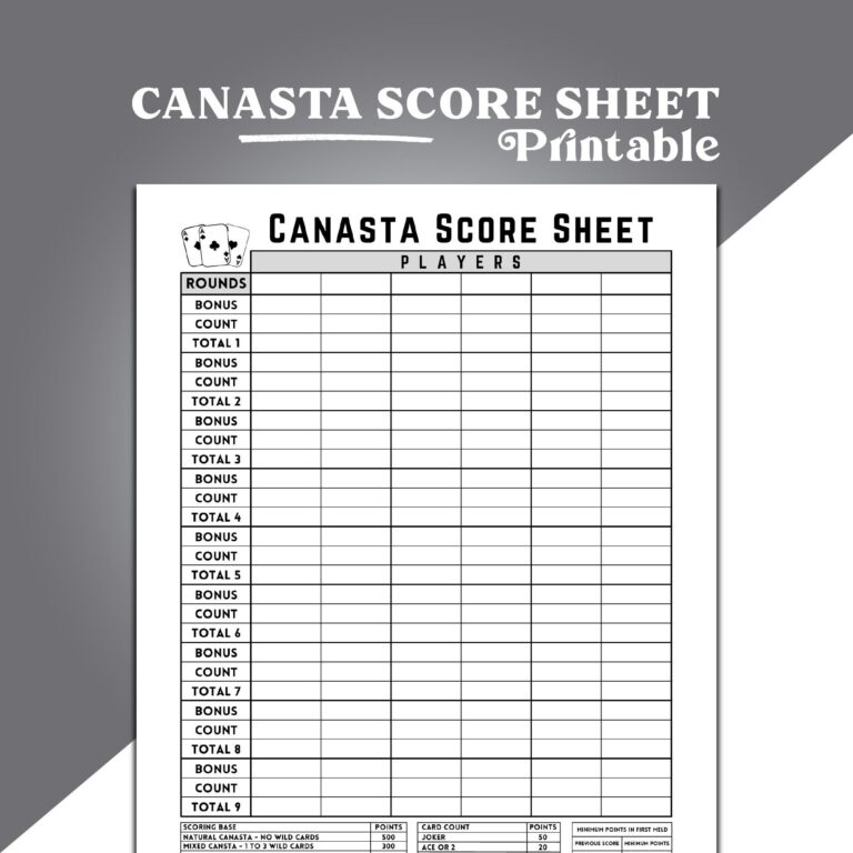 Canasta Score Sheet Canasta Card Game Score Sheet Printable 