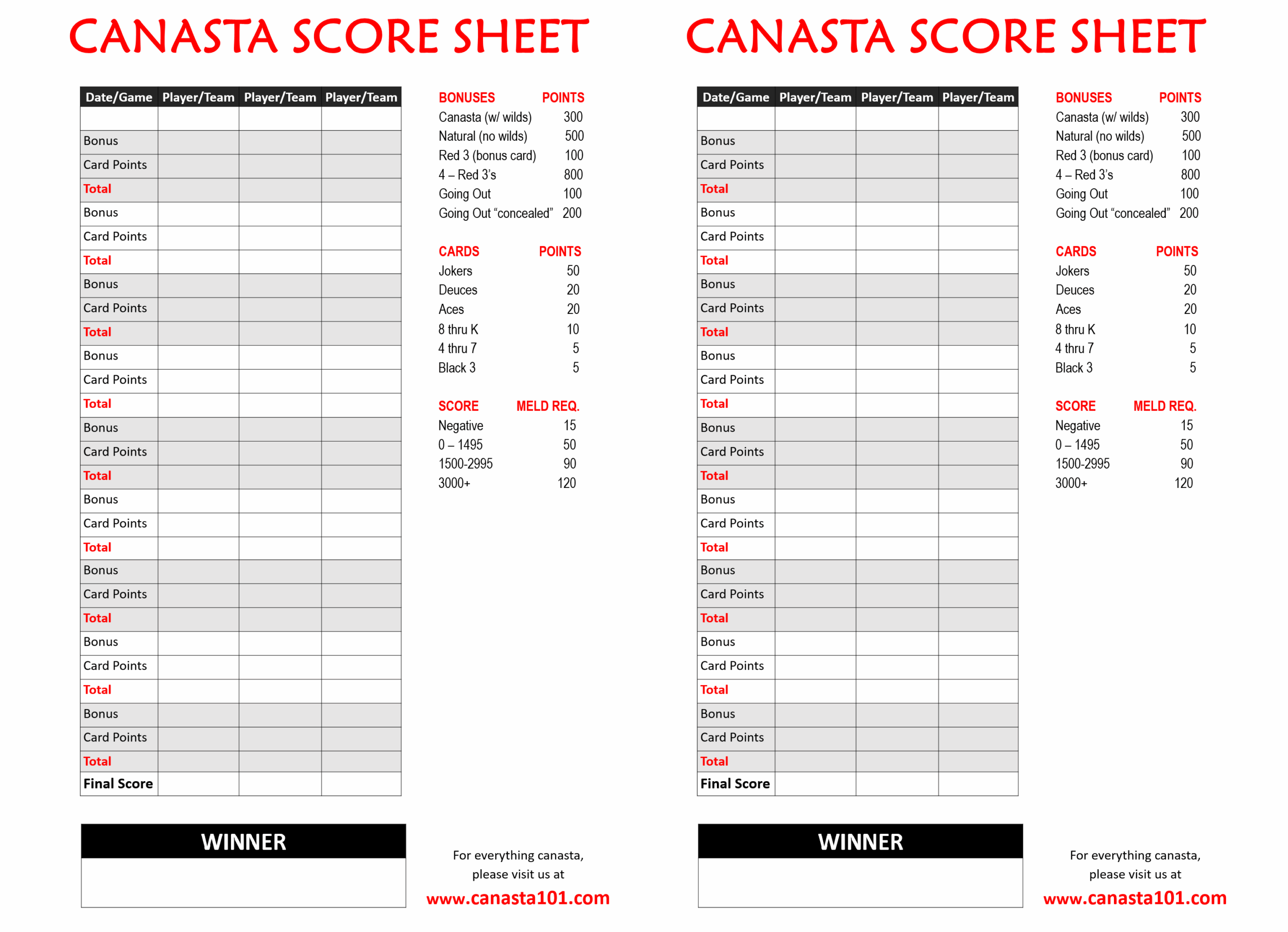 Canasta Score Sheet Free Canasta Scoring U0026 Melds Canasta101