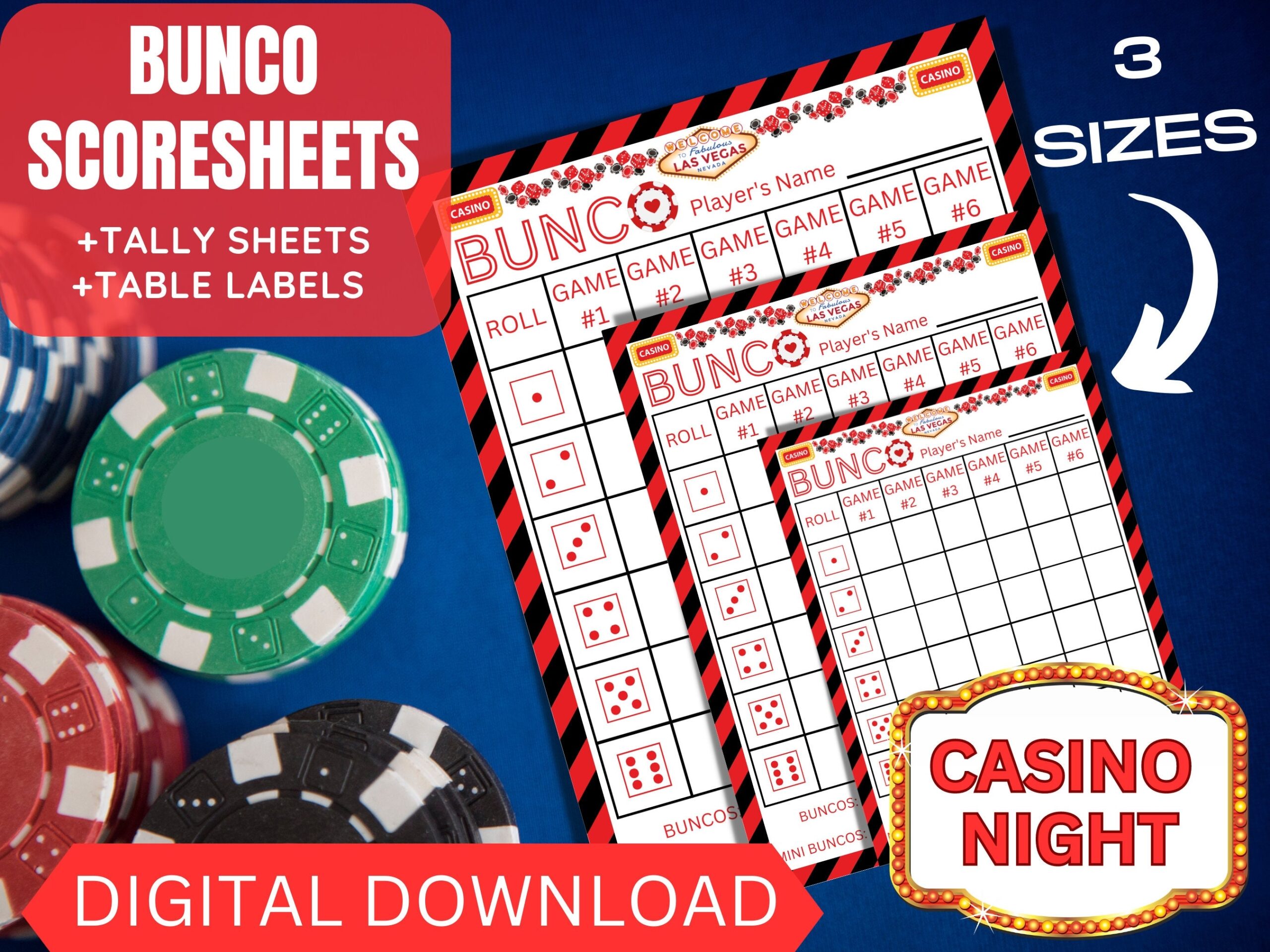 Casino Night Themed Bunco Scoresheets Vegas Themed Bunco Score Cards Unco Tally Sheets Bunco Table Labels Bunco Printable Themed Party Etsy
