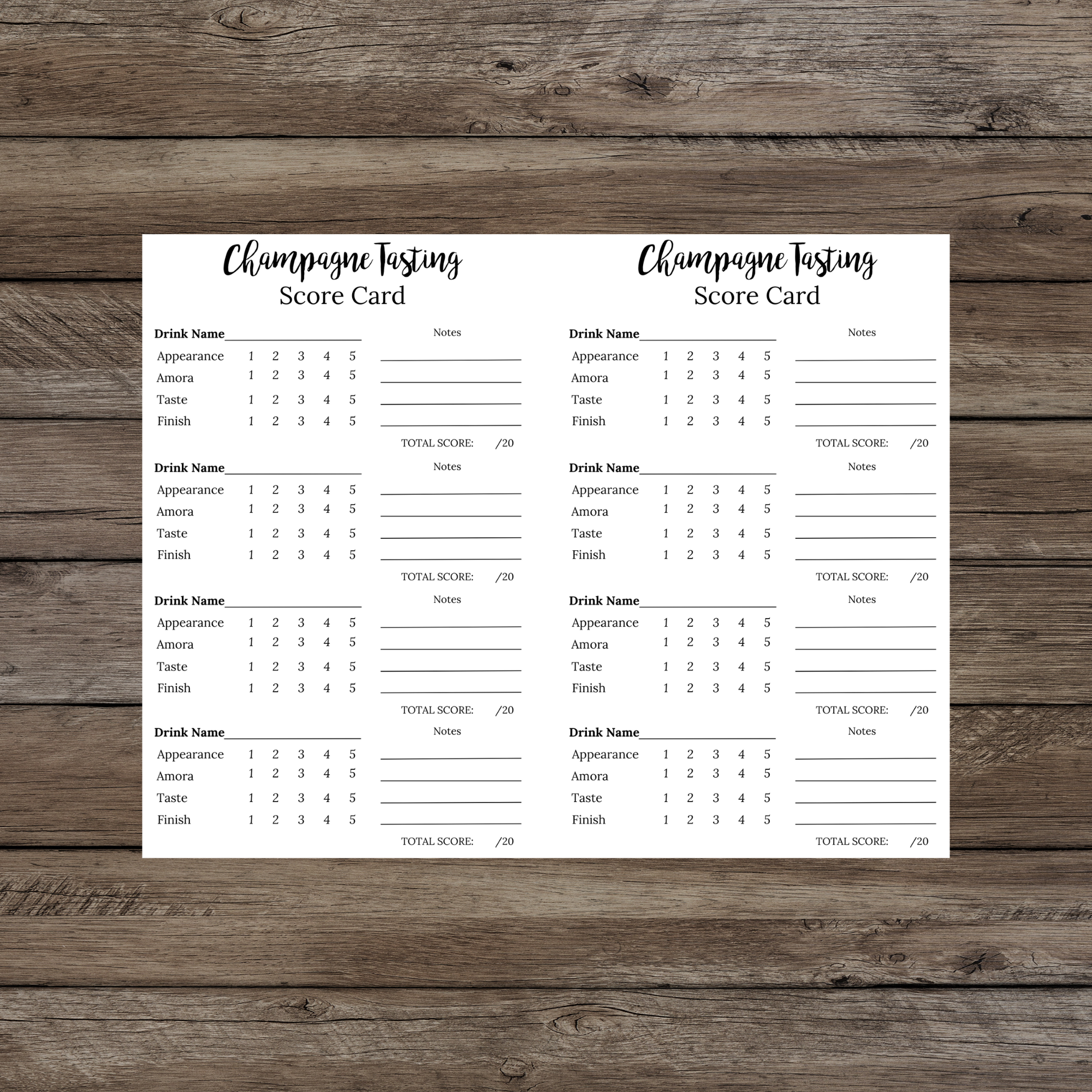 Champagne Tasting Scorecard Champagne Tasting Notecards