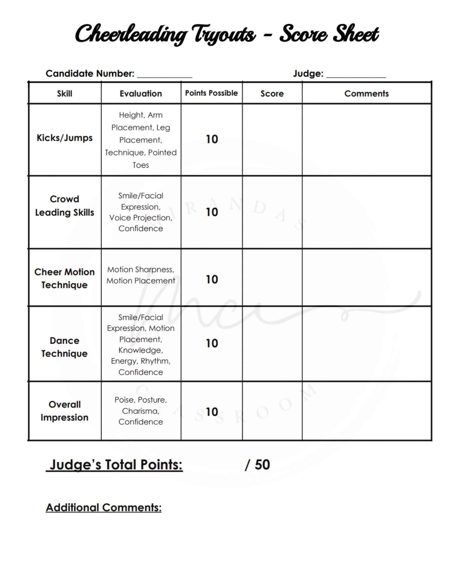Cheerleading Tryouts Score Sheet