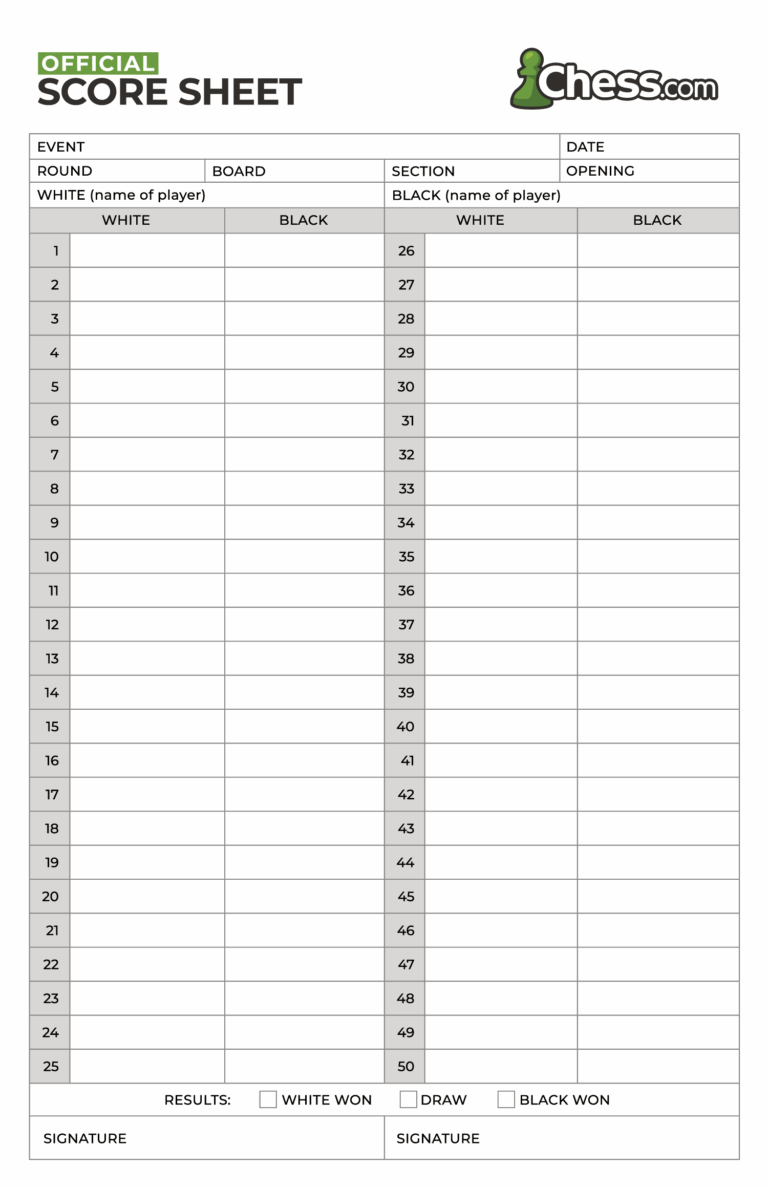 Chess Score Sheet Free PDF Template Chess
