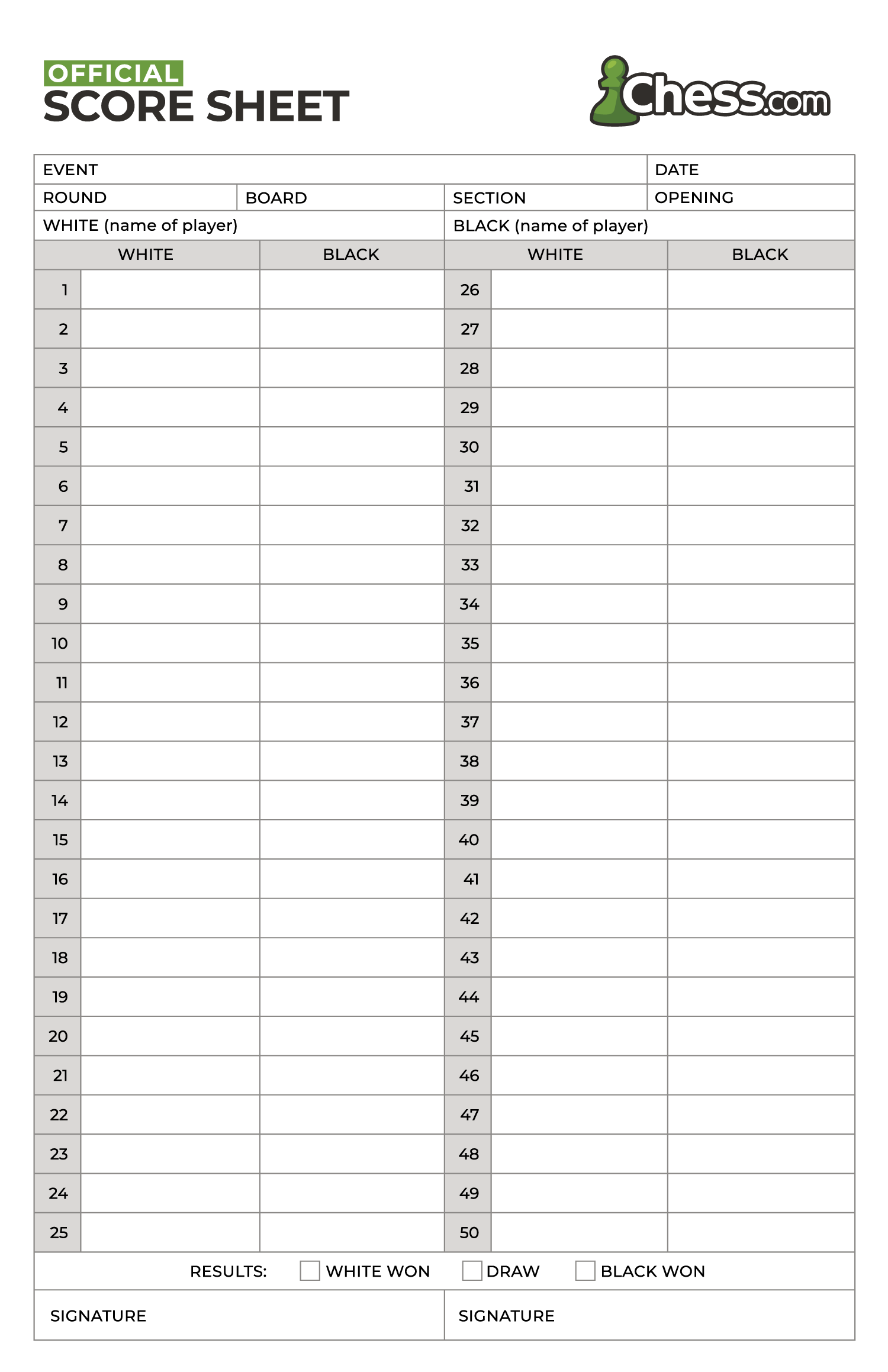 Chess Score Sheet Free PDF Template Chess Chess Score Sheet Free PDF Template Chess