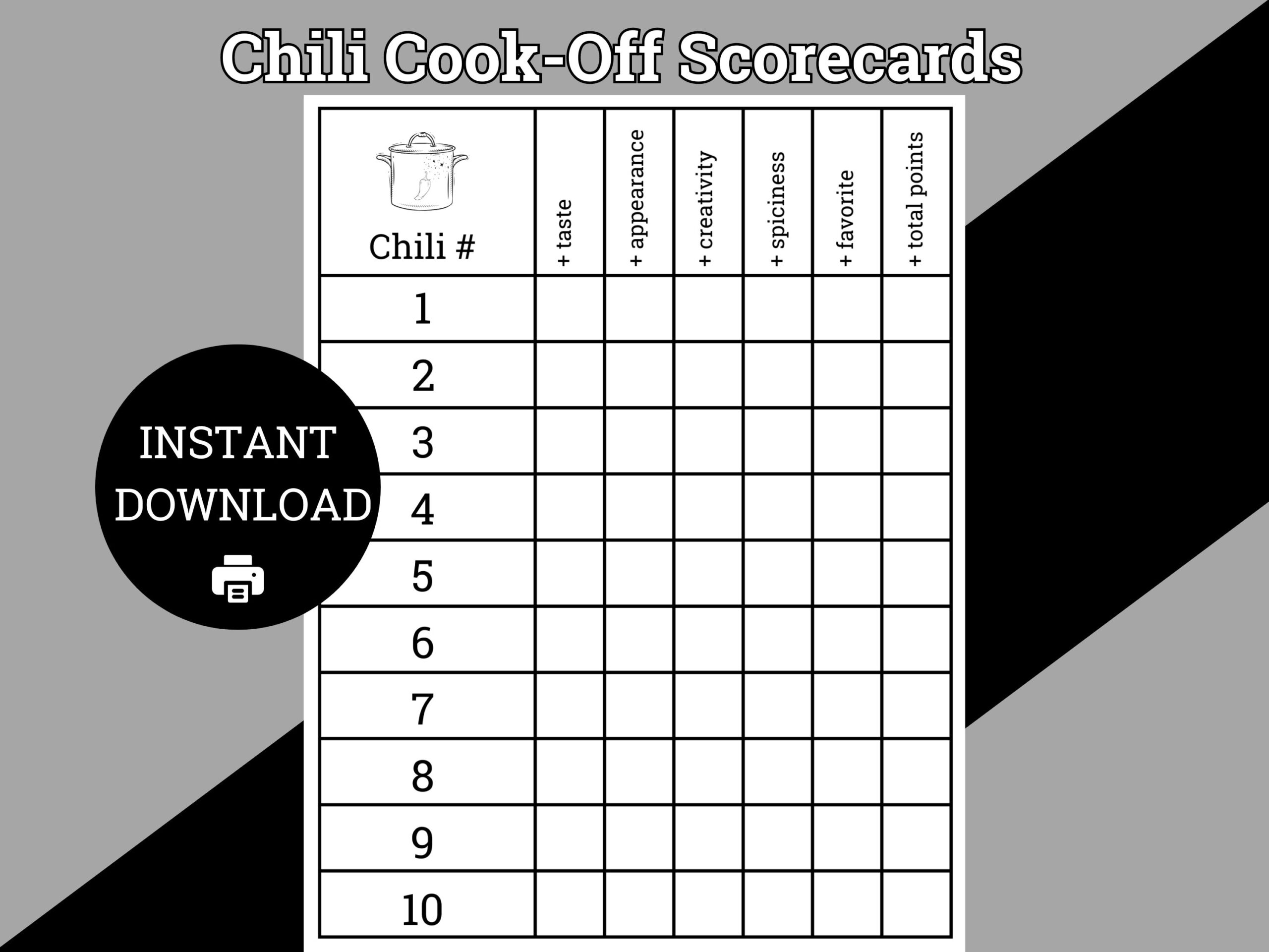 Chili Cook off Scorecards Family Activity Chili Cook off 
