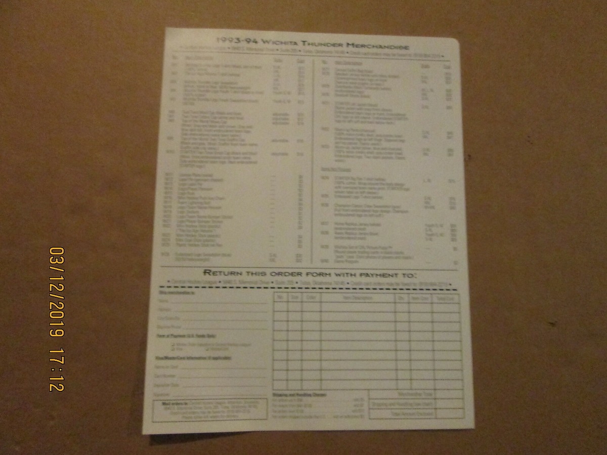CHL Central Hockey League Vintage Wichita Thunder 1993 94 Merchandise Order Form CHL Central Hockey League Vintage Wichita Thunder 1993 94 Merchandise Order Form