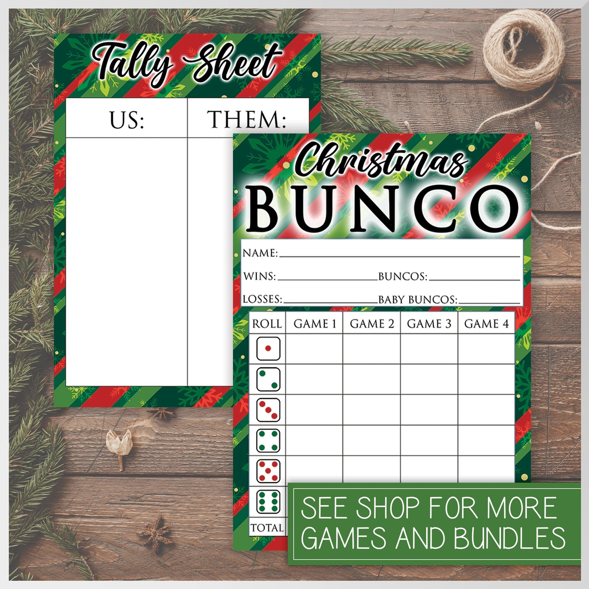 Christmas Bunco Score Card Tally Sheet Red And Green Wrapping 