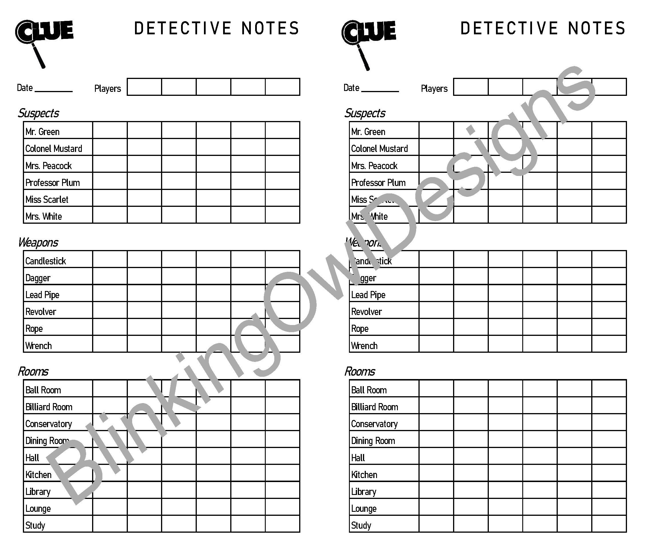 Printable Score Sheets For Clue Game Printable Score Sheets For Clue Game
