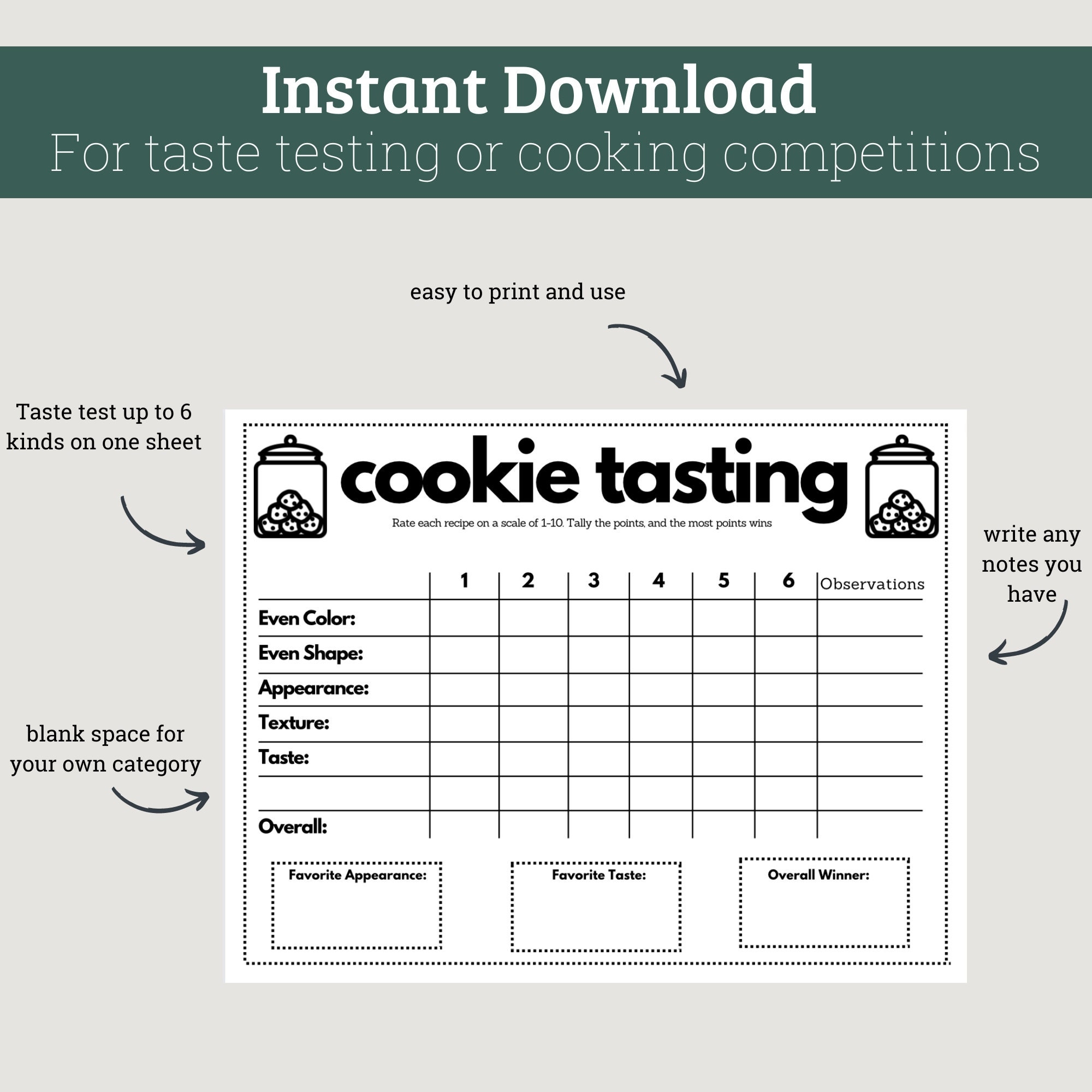 Cookie Taste Testing Sheet For Cookie Competitions Baking Competitions Christmas Cookie Parties Etsy