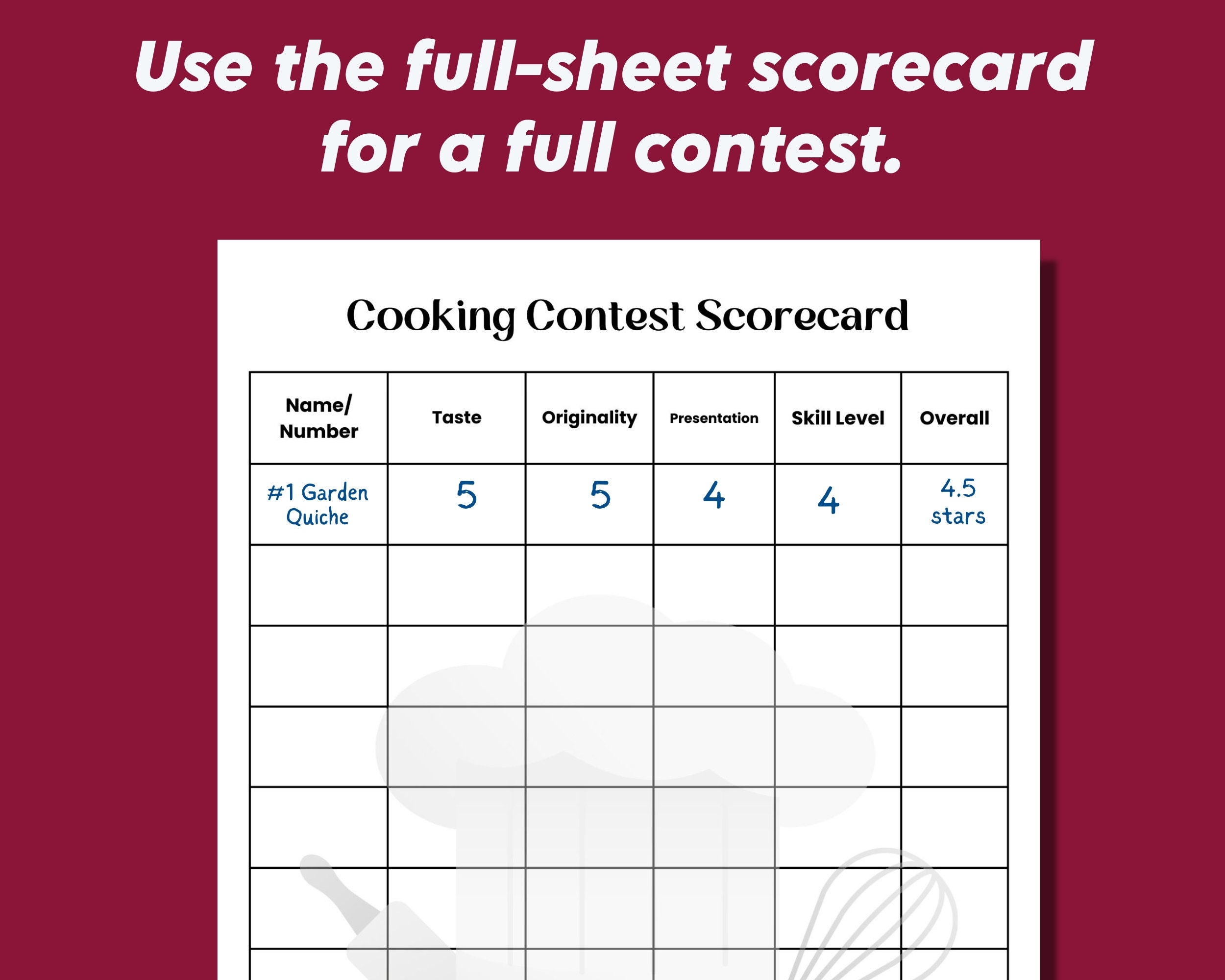 Cooking Contest Score Card Cookoff Party Food Tasting Game Food 