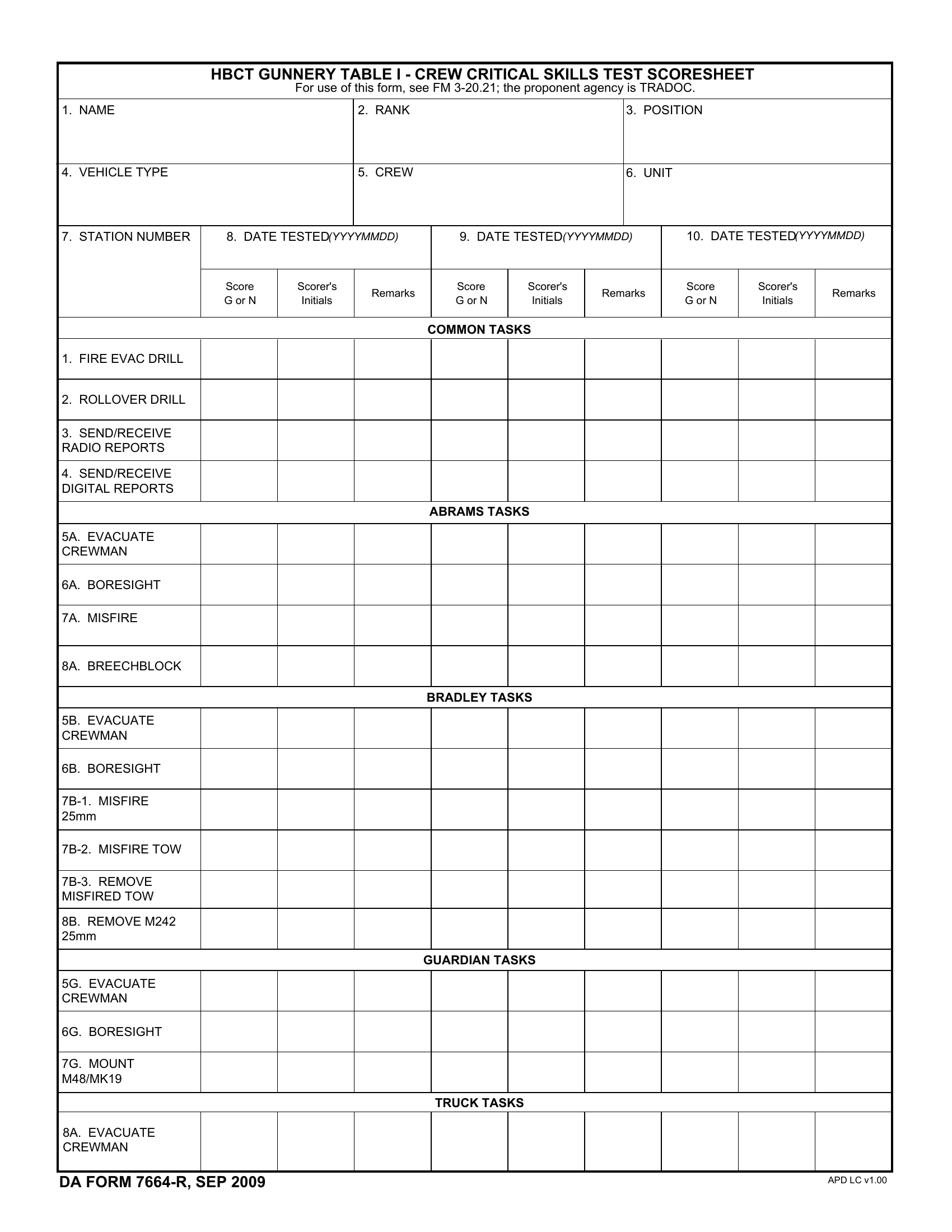 DA Form 7664 R HBCT Gunnery Table I Crew Critical Skills Test 