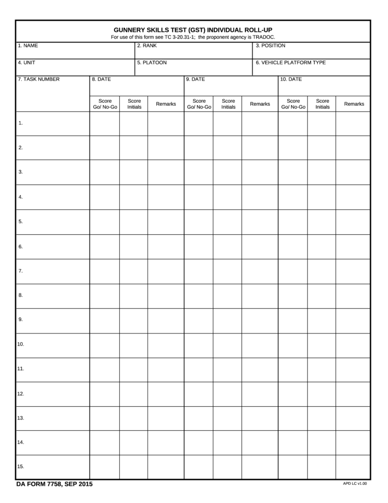 DA Form 7758 Gunnery Skills Test GST Individual Roll Up Forms 