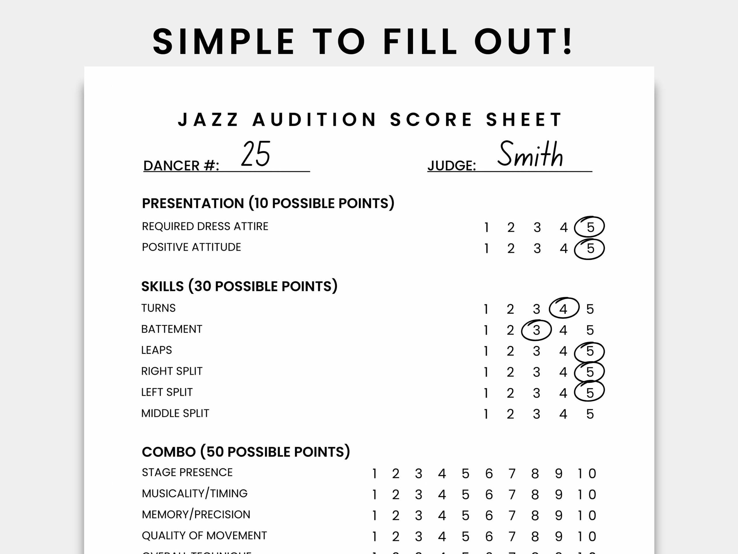 Template Dance Majorette Tryout Score Sheets