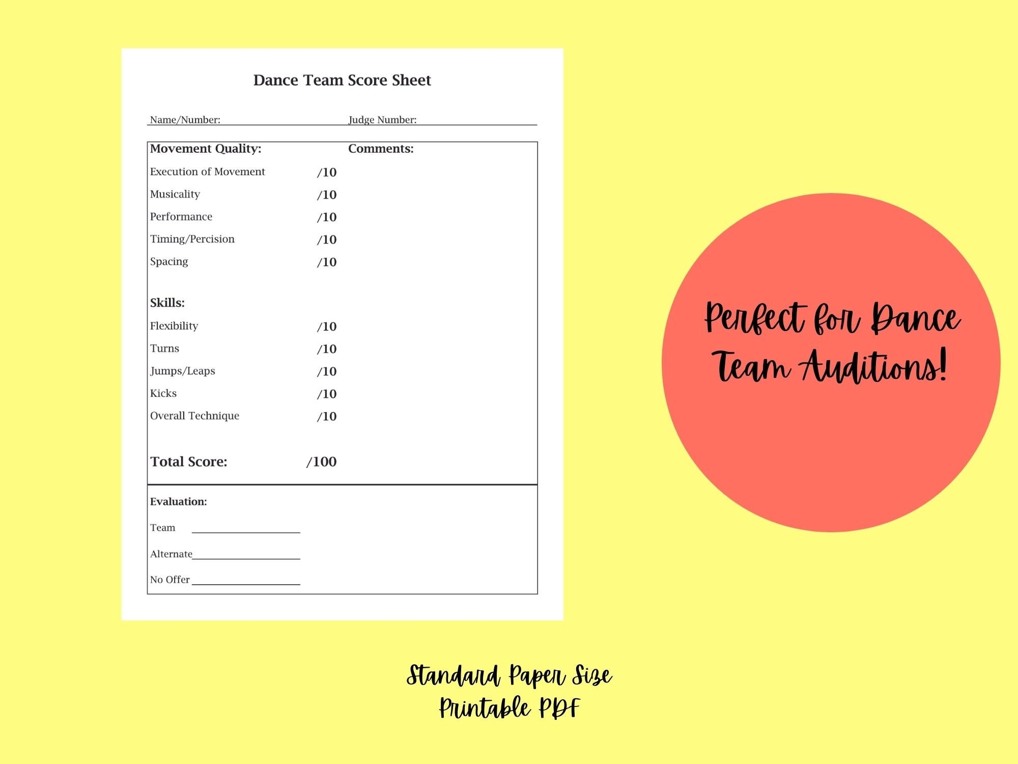 Dance Team Score Sheet Template