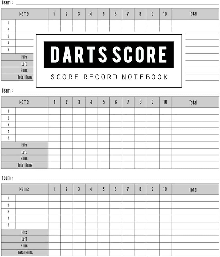 Darts Score Record Darts Game Record Keeper Book Darts Scoresheet Darts Score Card Darts Score Sheet Has Space Record Scores For Everybody Favorite Pub Game Size 8 5 X 11 Inch 100 Pages 