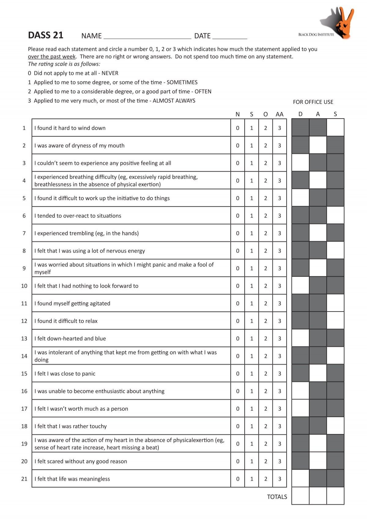 DASS 21 with Scoring Sheet Black Dog Institute