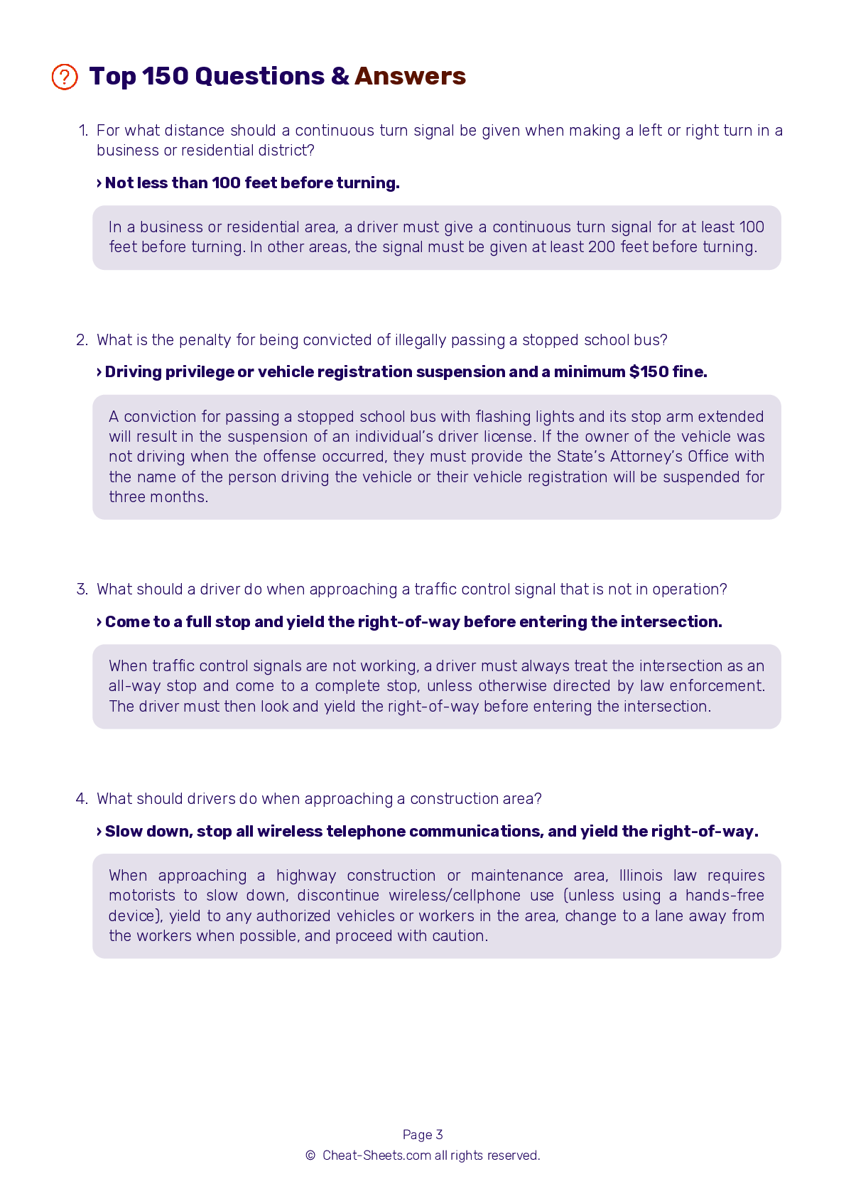 DMV Test Cheat Sheet Illinois