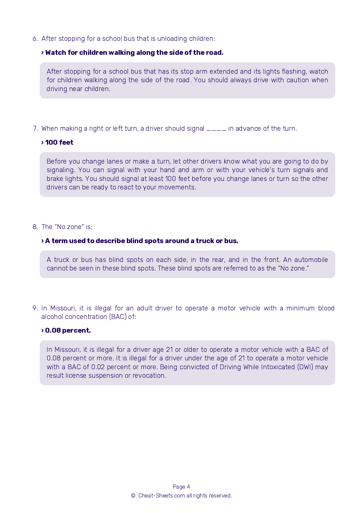 DMV Test Cheat Sheet Missouri