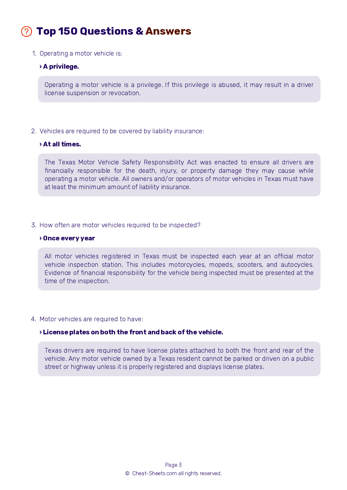 DMV Test Cheat Sheet Texas