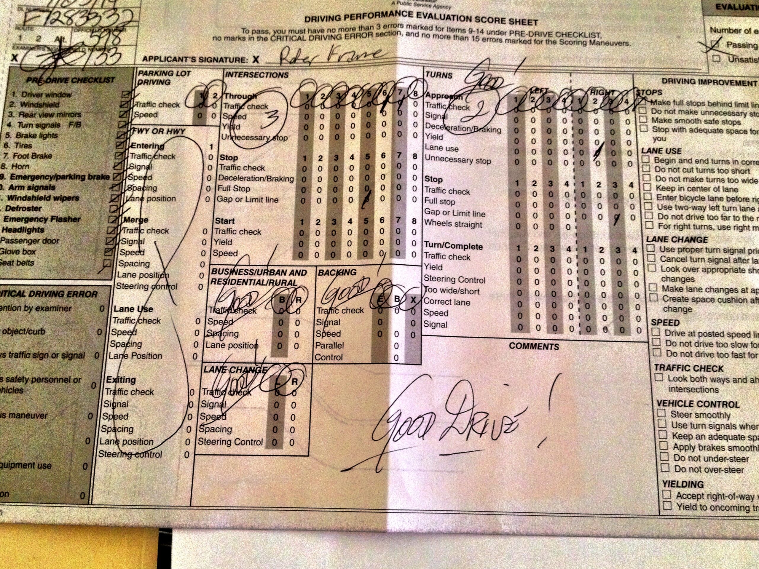 Driver Test Score Sheet
