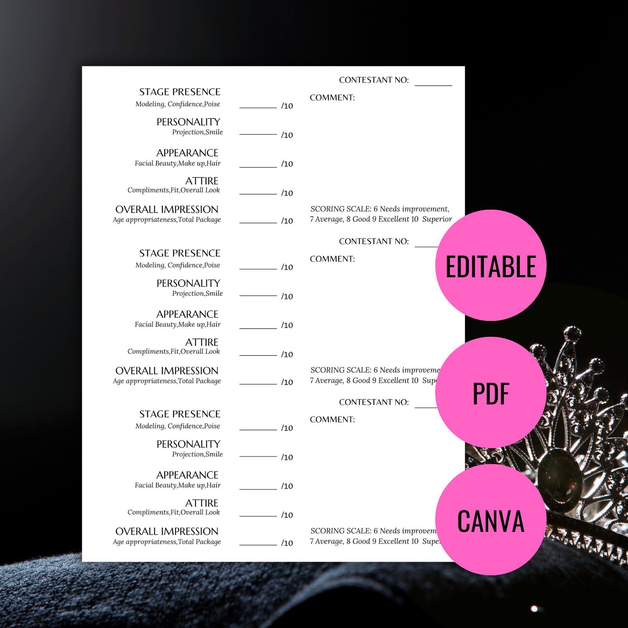 Editable Pageant Score Sheet PDF Printable Instant Download Editable Pageant Score Sheet PDF Printable Instant Download
