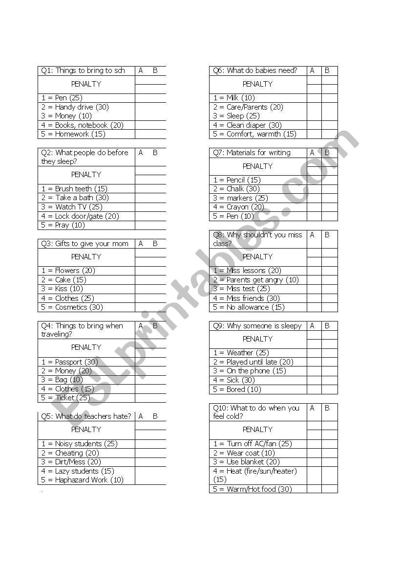 English Worksheets Family Feud scoresheet 