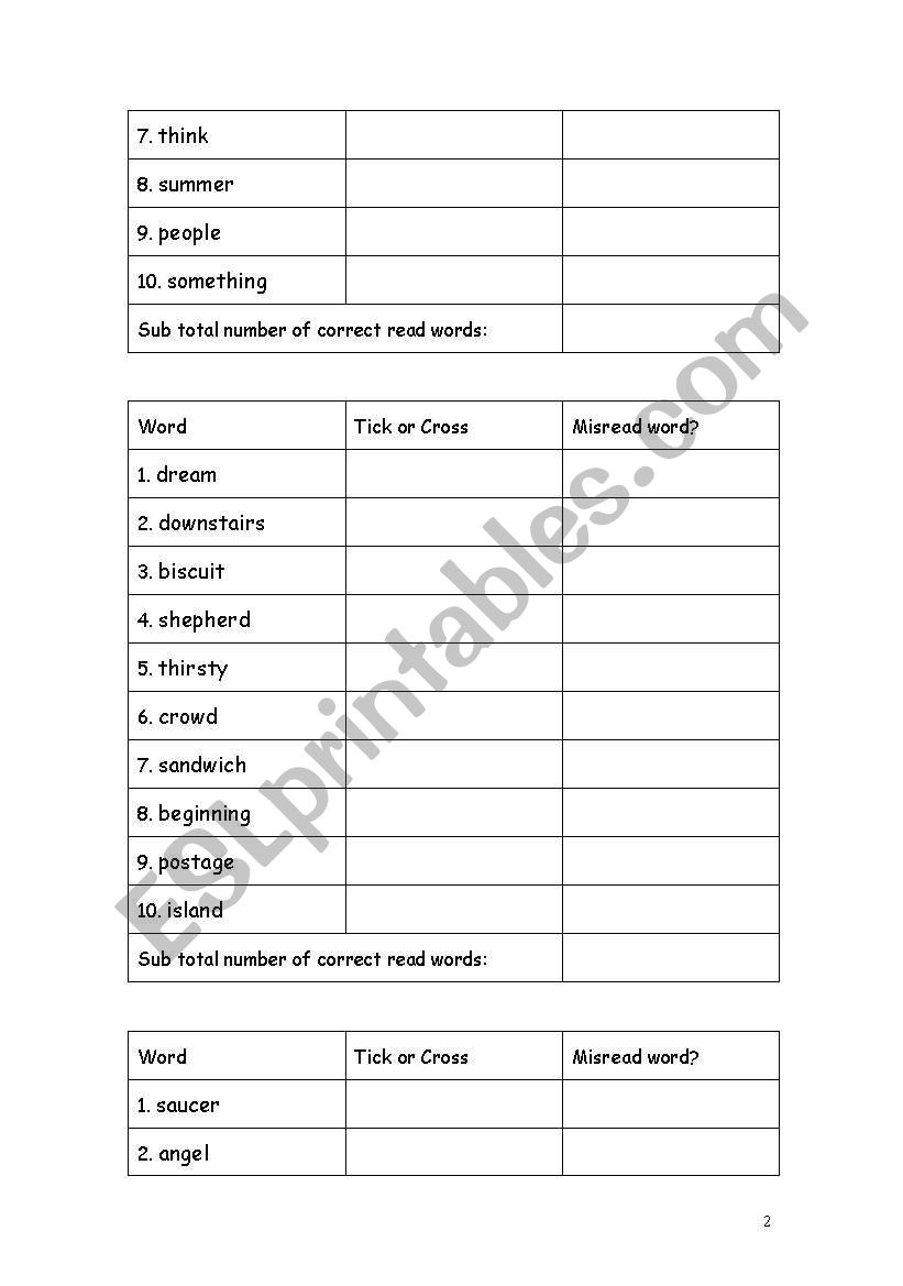 English Worksheets Schonell Reading Test Checklist