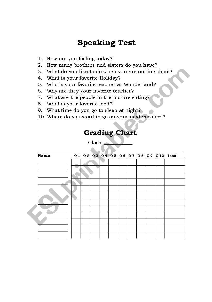 English Worksheets Speaking Test And Grading Chart
