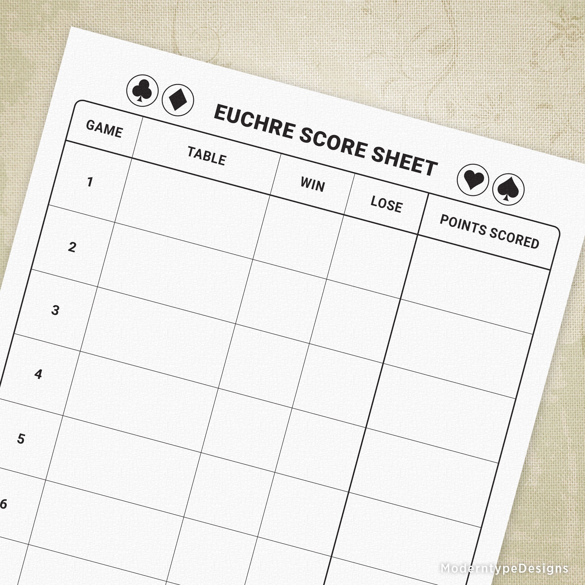 Euchre Game Score Sheets Printable Digital Download Chart Gam008 Etsy