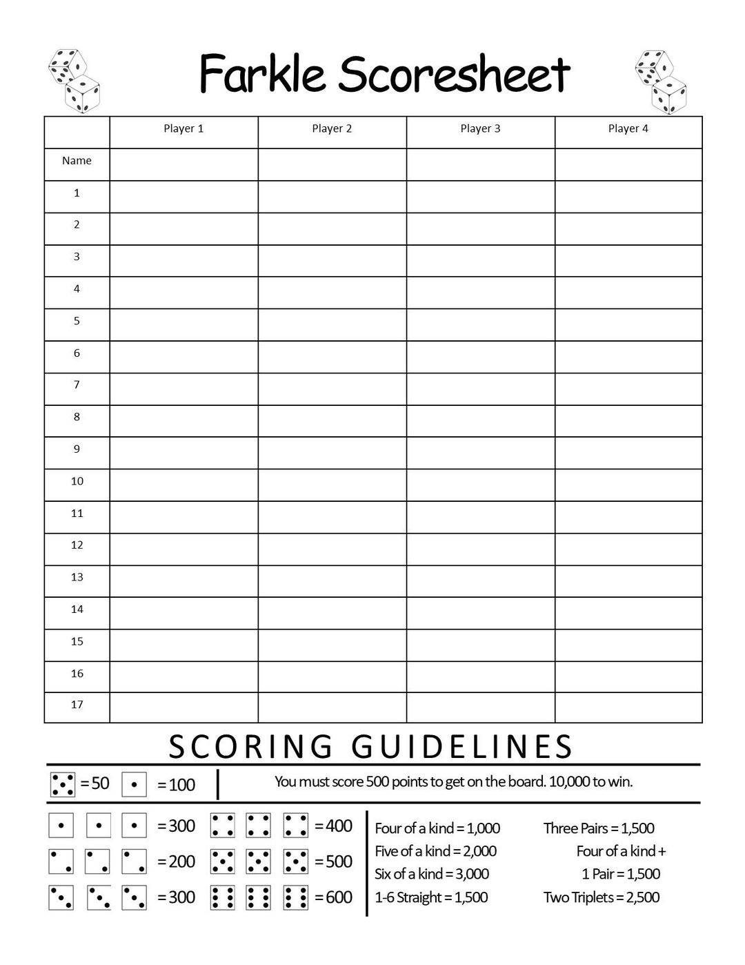 Farkle Dice Board Game Score Sheet Family Game Night PDF And PNG Digital File Etsy