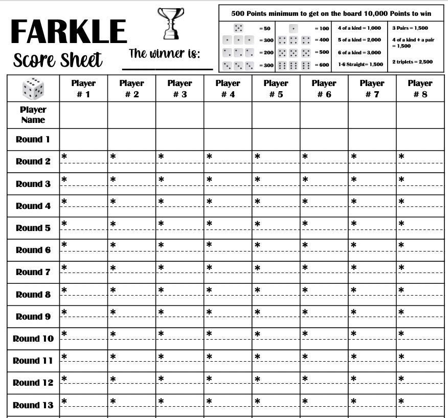 Farkle Score Card Printable File PDF Download 8 5x11